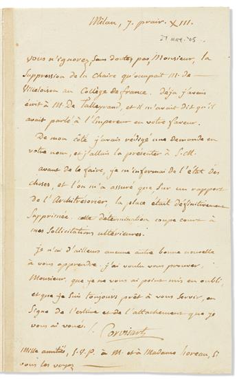 (MEDICINE.) CORVISART, JEAN-NICOLAS. Two Autograph Letters Signed, in French.